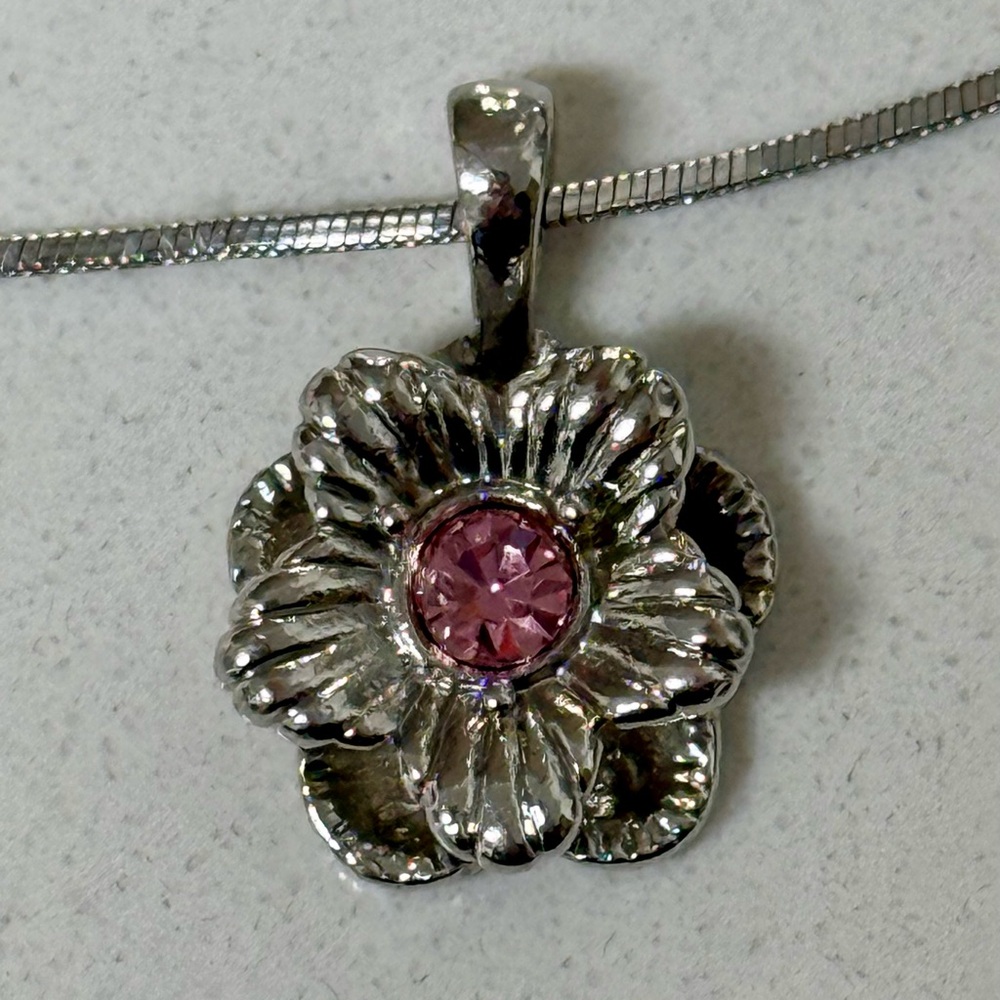 Sophia Fiori Pink Crystal Forget Me Not Flower Pendant Necklace 18" Silver Tone